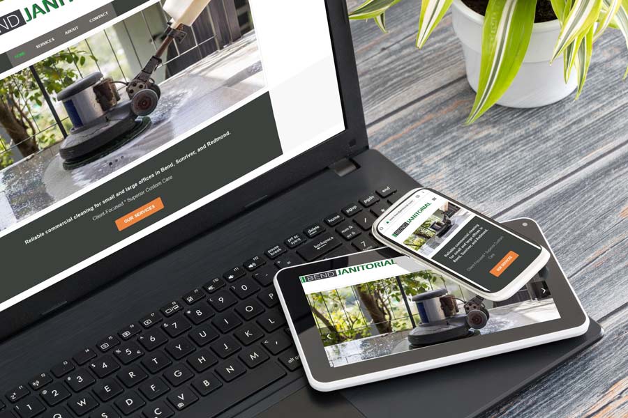 Image of responsive website on a laptop, tablet, and smart phone.